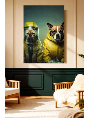 Mushen Studio Sarı Yağmurluklu Bulldog Köpekler Eğlenceli Kanvas Tablo Modern Duvar Dekoru