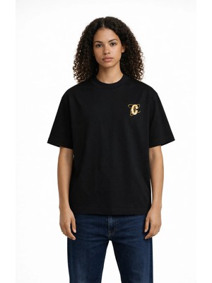 Camblys Unisex Kadın Erkek C Logo Özel Tasarım Ön Baskılı Oversize Kalın Kumaş Bol Kesim Pamuklu T-Shirt