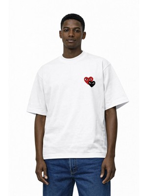 Camblys Kadın Erkek Unisex Comme Des Ikili Kalp Ön Baskılı Oversize Kalın Kumaş Bol Kesim Pamuklu T-Shirt