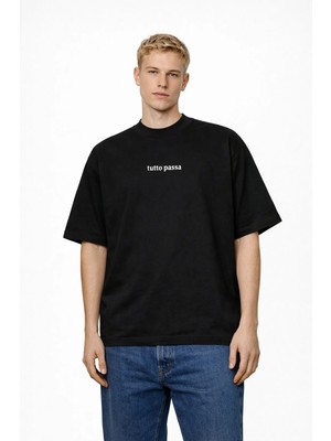 Camblys Kadın Erkek Unisex Tutto Passo Yazı Ön Baskılı Oversize Kalın Kumaş Bol Kesim Pamuklu T-Shirt