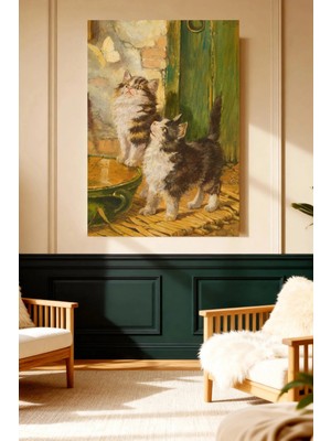 Mushen Studio Sevimli Yavru Kediler Kelebek Vintage Kanvas Tablo Solvent Baskı Hayvan Sanatı Duvar