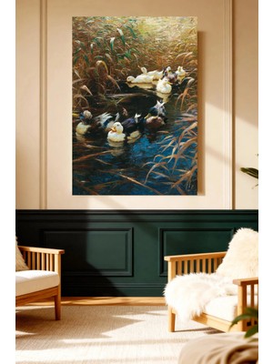 Mushen Studio Ördek Ailesi Sulak Alan Vintage Kanvas Tablo Solvent Baskı Doğa Sanatı Duvar Dekoru