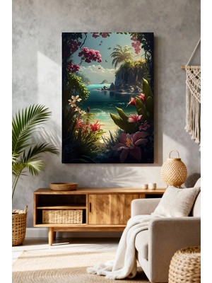 Mushen Studio Tropikal Koy Çiçek Çerçeve Deniz Manzarası Kanvas Tablo
