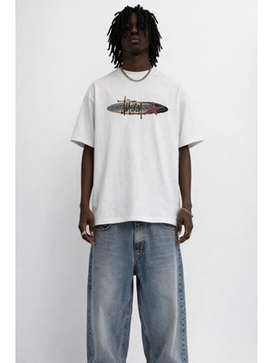 Camblys Kadın Erkek Unisex New Stussy Logo Ön Baskılı Oversize Kalın Kumaş Bol Kesim Pamuklu T-Shirt