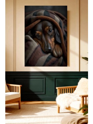 Mushen Studio Battaniyeye Sarılmış Dachshund Köpek Kanvas Tablo Büyük Boy Sevimli Hayvan Resmi