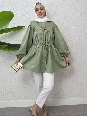 Modamorfo Önü Bağcık Detaylı Boydan Düğmeli Gömlek Tunik -Mint