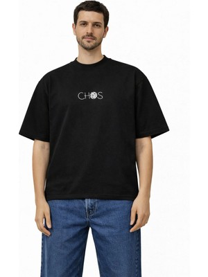 Camblys Kadın Erkek Unisex Caos Yazılı Ön Baskılı Oversize Kalın Kumaş Bol Kesim Pamuklu T-Shirt