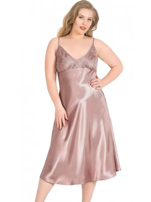 Marsilyan Luna Lora Büyük Beden Vizon Uzun Saten Gecelik Zarif Kadın Gece Elbisesi