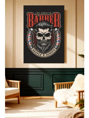 Mushen Studio Los Angeles Barber Skull Sakal Vintage Kanvas Tablo Solvent Baskı Erkek Dekoru Duvar