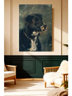 Mushen Studio Siyah Av Köpeği Portresi Vintage Kanvas Tablo Büyük Boy Yağlıboya Tarzı Köpek Resmi