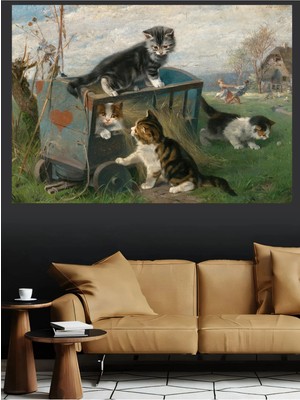 Mushen Studio Yavru Kediler Ahşap Arabada Kanvas Tablo Büyük Boy Vintage Yağlıboya Tarzı Kedi Resmi