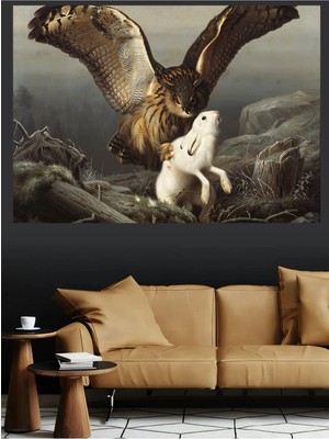 Mushen Studio Baykuş Tavşan Av Sahnesi Klasik Yağlıboya Kanvas Tablo