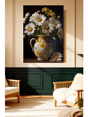 Mushen Studio Papatya ve Sarı Çiçekler Vazosu Kanvas Tablo Büyük Boy Yağlıboya Tarzı Natürmort Çiçek Resmi