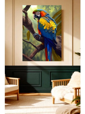 Mushen Studio Renkli Ara Papağanı (Macaw) Dal Üzerinde Kanvas Tablo Büyük Boy Yağlıboya Tarzı Kuş Resmi