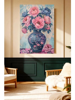 Mushen Studio Mavi Vazo Pembe Çiçek Deseni Kanvas Tablo