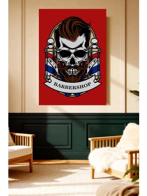Mushen Studio Sakallı Kafatası Berber Shop Vintage Kanvas Tablo Solvent Baskı Erkek Dekoru Duvar