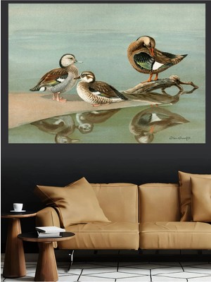 Mushen Studio Ördek Ailesi Sulak Alan Vintage Kanvas Tablo Büyük Boy Yağlıboya Tarzı Kuş Resmi