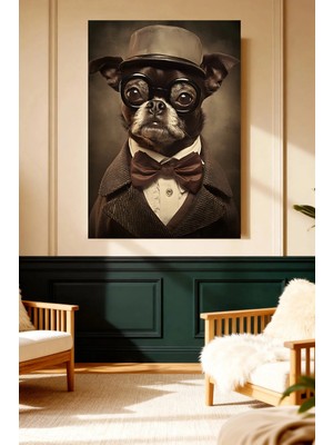 Mushen Studio Şapkalı Köpek Portresi Vintage Kanvas Tablo