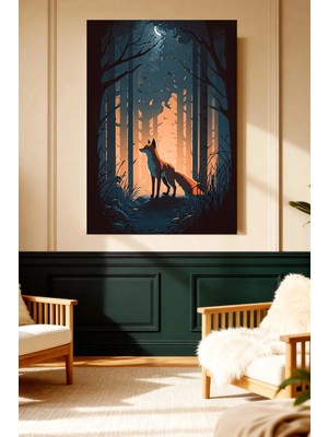 Mushen Studio Gece Ormanında Tilki Vintage Kanvas Tablo Büyük Boy Yağlıboya Tarzı Tilki Resmi