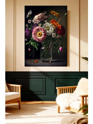 Mushen Studio Çiçek Buketi Krizantem Papatya Karanfil Siyah Fon Kanvas Tablo