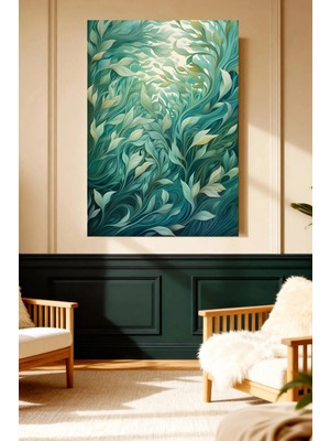 Mushen Studio Yeşil Yaprak Dalga Deseni Soyut Kanvas Tablo Solvent Baskı Modern Sanat Duvar Dekoru