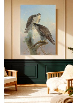 Mushen Studio Doğan Çifti Kaya Dalı Üzerinde Vintage Kanvas Tablo Büyük Boy Yağlıboya Tarzı Doğan Resmi