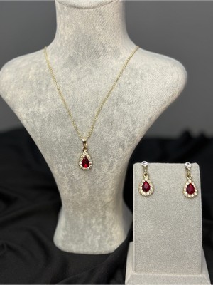 C&On Design Kırmızı Zümrüt Taş Detaylı Kolye ve Küpe Set