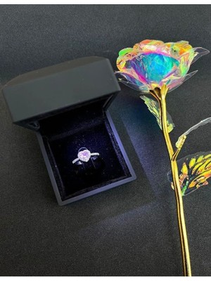 C&On Design Işıklı Kutuda Çelik Kalp Yüzük ve Sonsuzluk Gülü Sevgililer Günü Doğum Günü Hediyesi