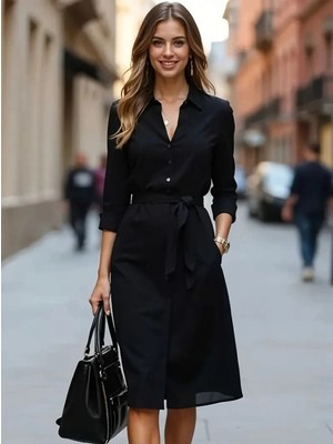 Marsilyan- Kadın Uzun Kollu Yakalı Belden Kuşaklı Midi Trikoton Elbise