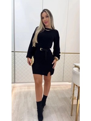 Marsilyan- Kadın Uzun Kollu Yuvarlak Yakalı Kısa Triko Elbise