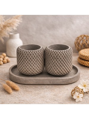 Modern Dekoratif Sukulent Saksısı 2’li Set – Minimal Beton Görünümlü Tepsili Saksı