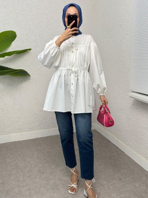 Modamorfo Önü Bağcık Detaylı Boydan Düğmeli Gömlek Tunik -Ekru