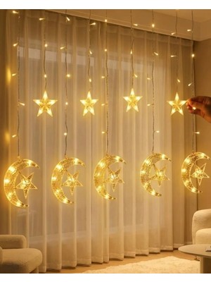 Balcali Hilal Yıldız Perde LED Işık 2 Modlu Sıcak Beyaz Dekoratif Aydınlatma - DE0024-5KD1W4