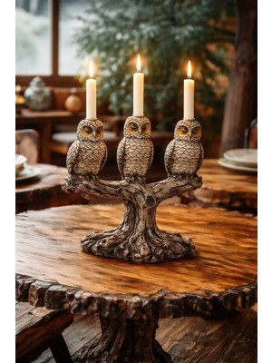 Ağaç Üstünde 3'lü Baykuş Figürlü Şamdan Mum Şamdanı Dekoratif Şamdan Mumluk