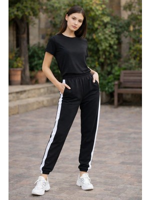 Kadın Beyaz Şeritli Eşofman Altı 2 Iplik Paça Lastikli