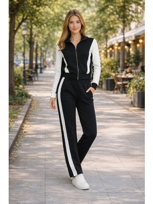 Kadın Fermuarlı Şerit Detaylı Eşofman Takımı Siyah Bol Paça