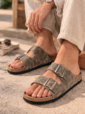 Slipcat Unisex Çift Tokalı Süet Terlik – Ortopedik Kaymaz Rahat Taban Günlük Rahatlık