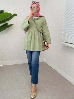 Modamorfo Yakası Fırfırlı Yandan Bağlamalı Keten Kimono  -Mint