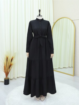 Modamorfo Yarım Düğmeli Dik Yaka Beli Bağlamalı Keten Elbise -Siyah