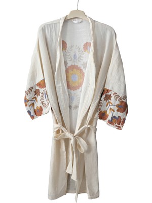 Faralya Life Etnik Desen Müslin Kumaş Yazlık Kimono Sabahlık Kadın %100 Pamuk Plaj Kimono Hafif Salaş Desenli Kimono