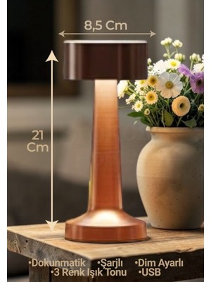 Brokoli Home Dokunmatik Masa Gece Lambası Dokunmatik Lamba Abajur LED Şarjlı Masa Lambası Ledli Gold Rose 21 cm