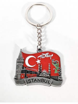Moncuk Design Türk Bayrağı Zeminli Istanbul Silüeti Anahtarlık Eskitme Gümüş – Tarihi ve Milli Şık Çanta & Anahtar Aksesuarı