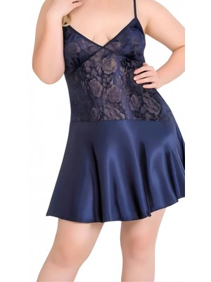 Marsilyan Luna Lora Büyük Beden Lacivert Saten Mini Gecelik Zarif Kadın Gece Elbisesi