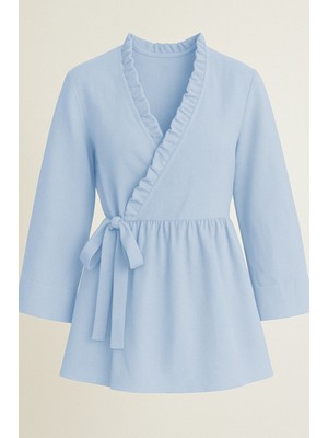 Modamorfo Yakası Fırfırlı Yandan Bağlamalı Keten Kimono  -Bebe Mavi