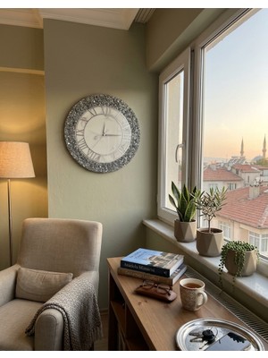 Duvarsaati -35CM- Modern Dekoratif Duvar Saati - El Yapımı Gümüş Taş Detaylı - Epoksi Duvar Saati