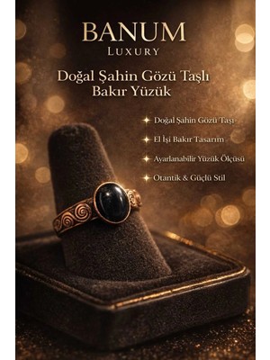 Banum Luxury Doğal Şahin Gözü Taşlı El Işi Tasarım Bakır Yüzük