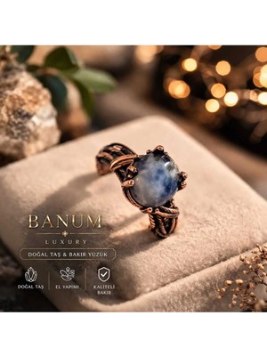 Banum Luxury Doğal Sodalit Taşlı El Işi Şık Bakır Yüzük
