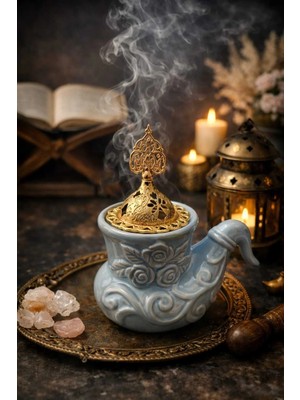 Banum Luxury Şık Tasarım Mavı Seremik ve Altın Tonlu Buhurdanlık Tütsülük