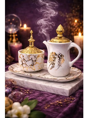 Banum Luxury Beyaz Altın Mermer Desenli Kapaklı Tütsülük Buhurdanlık Setı