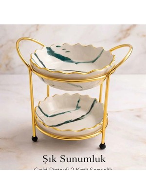 Banum Luxury Şık 2 Katlı Sunumluk Altın Eskitme Detaylı Mermer Desenli Servis Standı